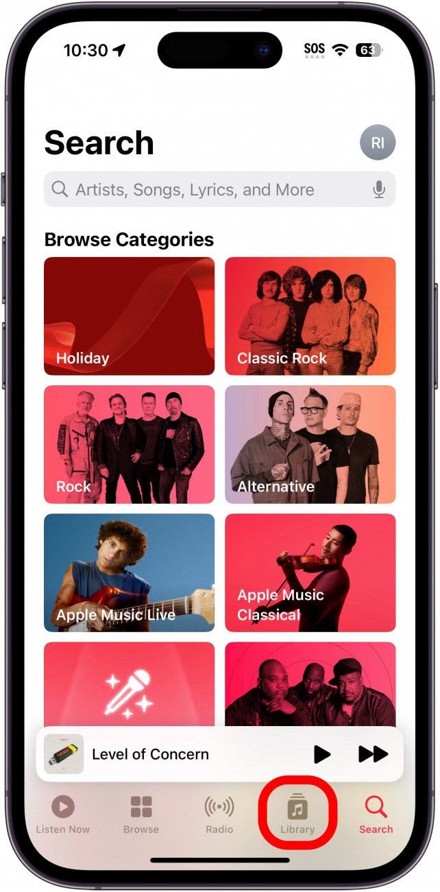 Apple Music avec onglet bibliothèque entouré en rouge