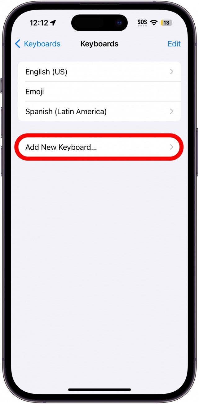 sélection du clavier iphone avec bouton ajouter un nouveau clavier entouré en rouge