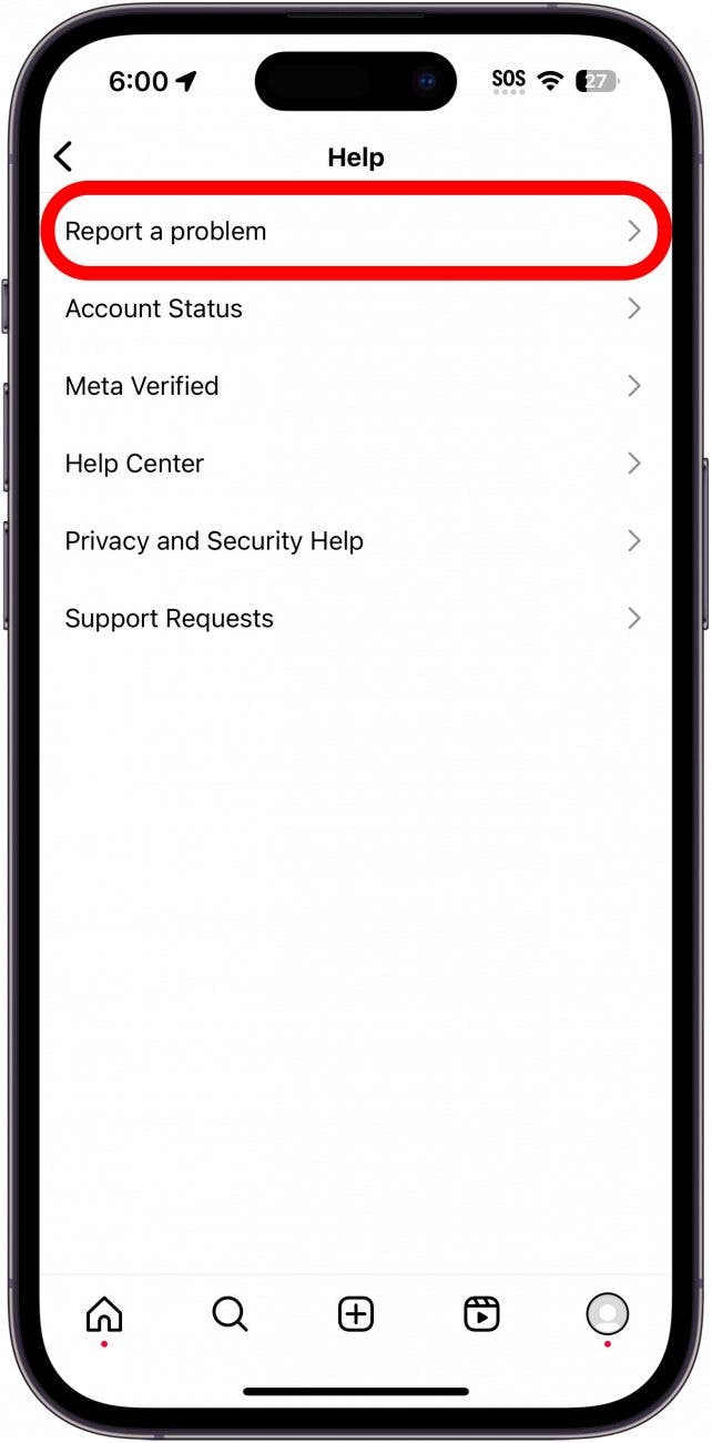 menu d'aide instagram avec bouton signaler un problème entouré en rouge