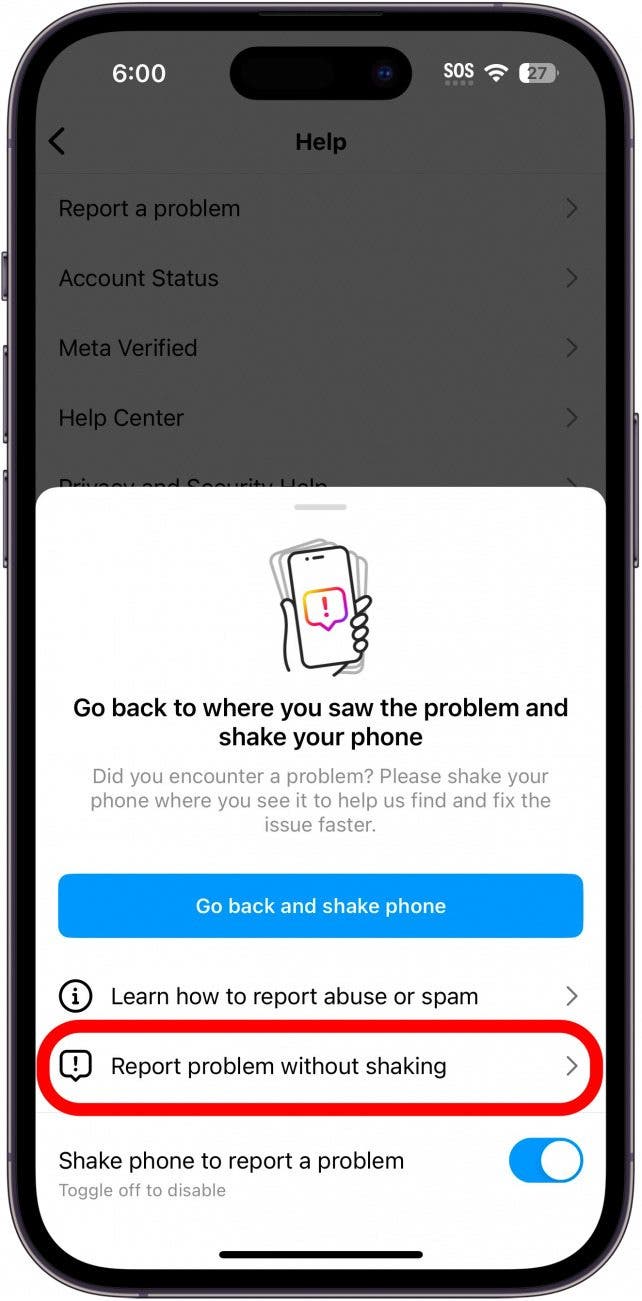 instagram signaler un problème menu avec l'option signaler un problème sans secouer entourée en rouge