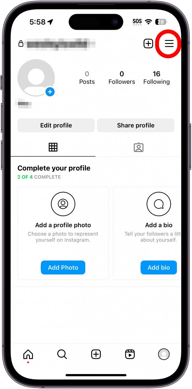 profil instagram paeg avec icône de menu hamburger entourée en rouge
