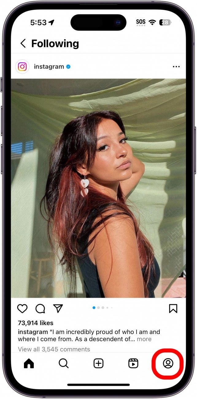page d'accueil instagram avec icône de profil en bas à droite entourée en rouge