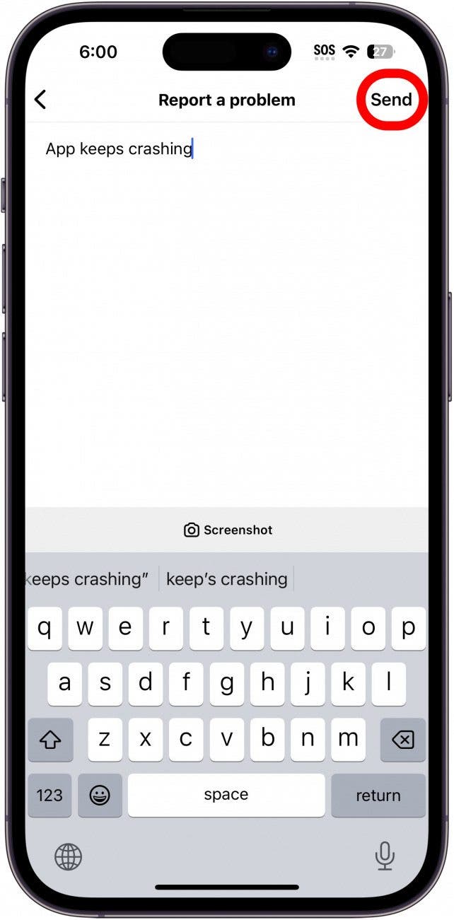 Instagram signale un problème d'écran avec le bouton d'envoi entouré en rouge