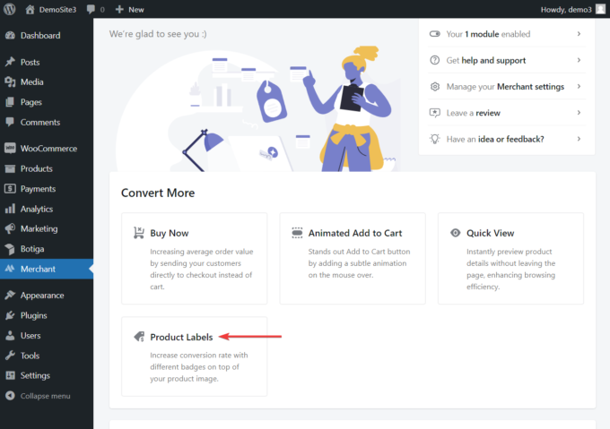 activer le module d'étiquette de produit du plugin marchand