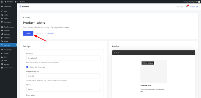 Bouton Activer sur la page d'administration du module Étiquettes de produits