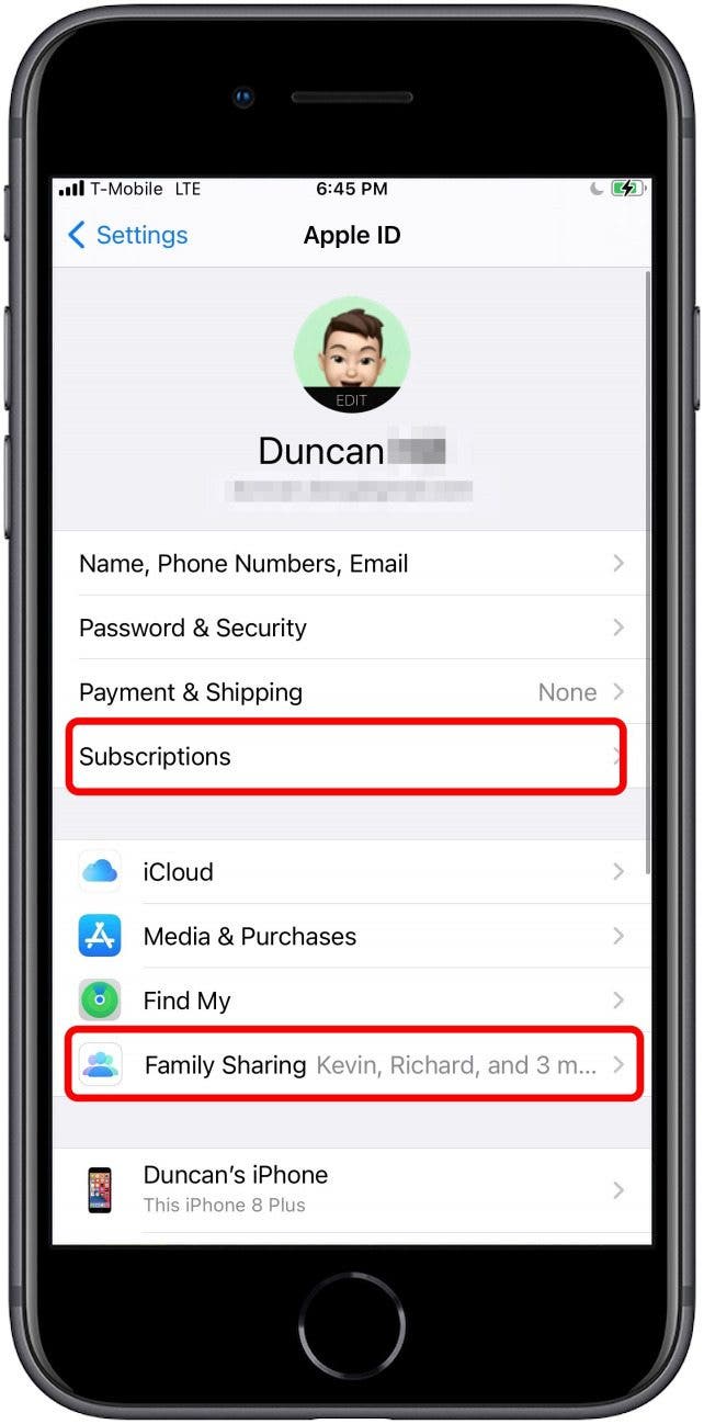 Sélectionnez Abonnements si vous êtes l'utilisateur principal ou unique d'un compte, ou Partage familial si vous utilisez un compte de partage familial.