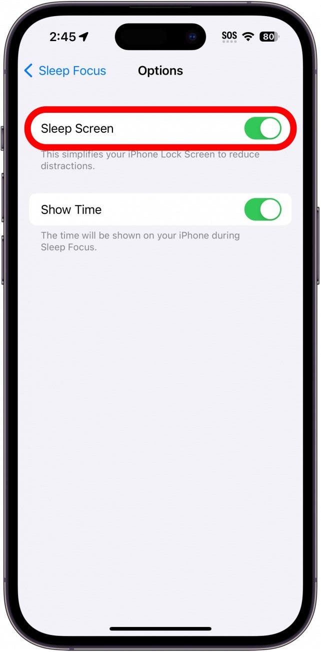 options d'écran de l'iPhone avec bascule d'écran de veille entourée en rouge