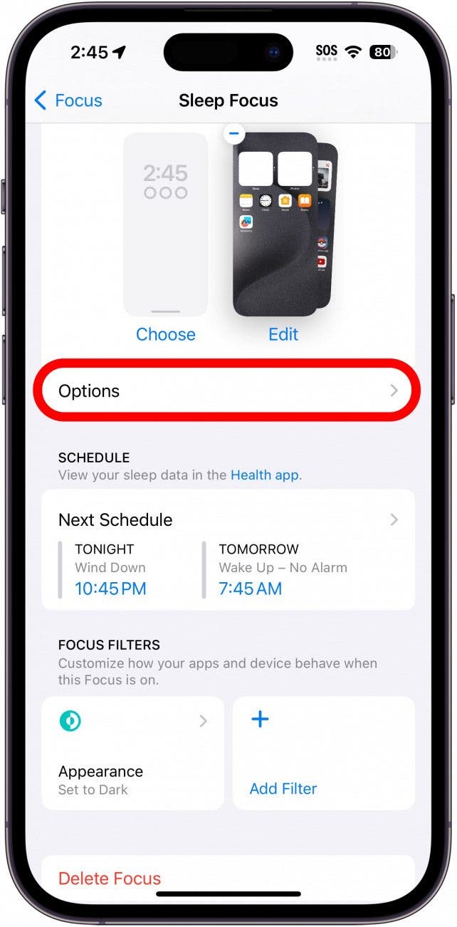 Paramètres de mise en veille de l'iPhone avec bouton d'options entouré en rouge