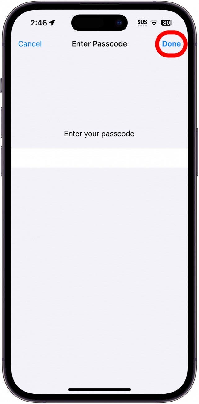 iphone réinitialise tous les paramètres écran de code avec le bouton terminé entouré en rouge