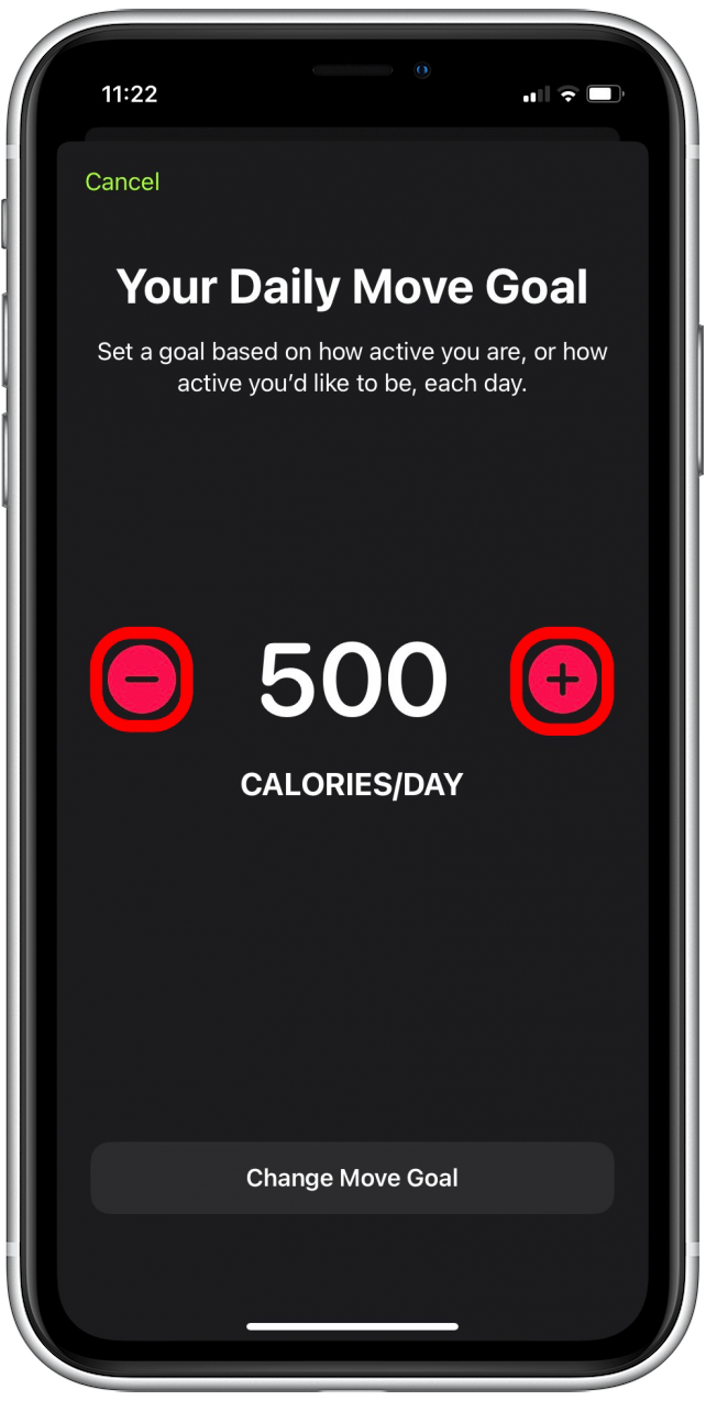 Appuyez sur les boutons (–) ou (+) pour réduire ou augmenter vos objectifs d'exercice par jour.