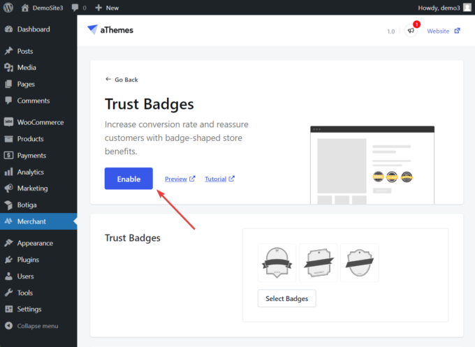 activation du plugin marchand de badges de confiance pour woocommerce