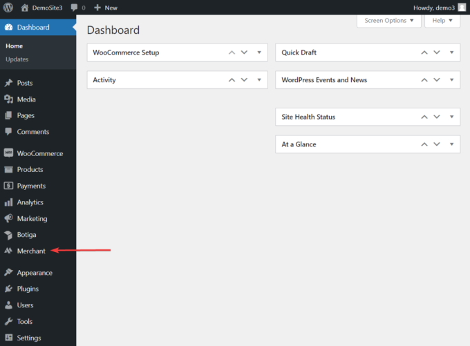 option de plugin marchand dans le tableau de bord WordPress