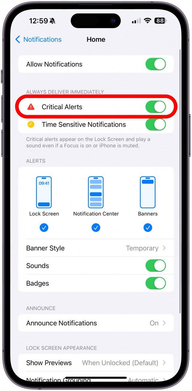 Ici, vous pouvez activer ou désactiver les alertes critiques.