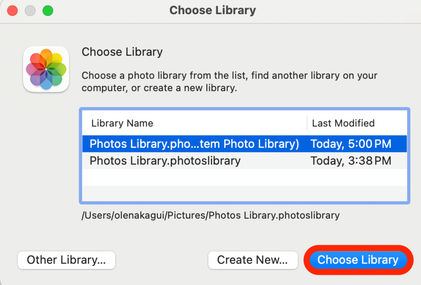 Cliquez sur la bibliothèque de photos que vous souhaitez transférer, puis cliquez sur Choisir la bibliothèque. Vous pouvez maintenant déplacer la bibliothèque que vous avez sélectionnée vers le disque dur externe.