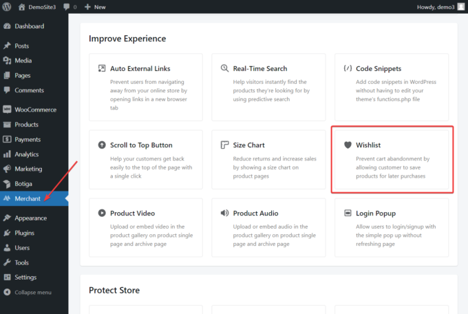 Emplacement du module Wishlist dans le tableau de bord marchand