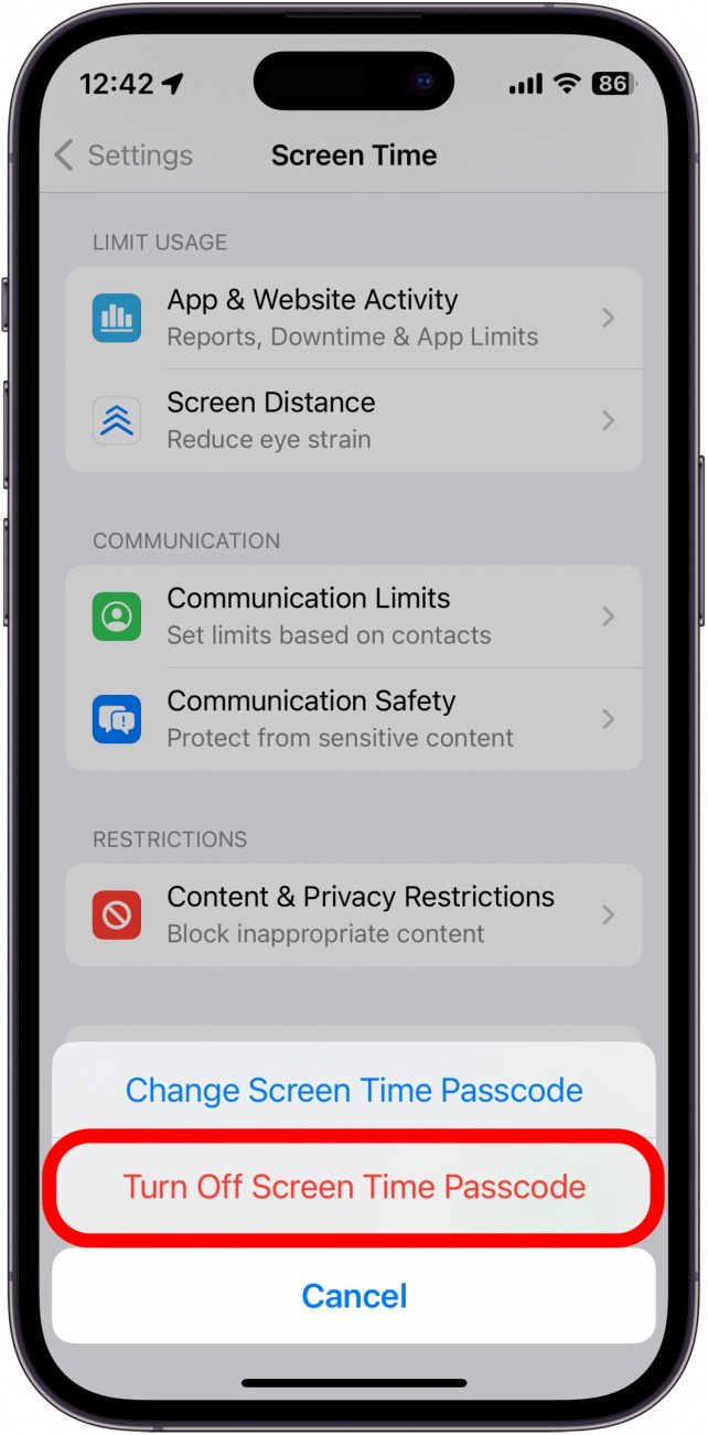 paramètres de temps d'écran de l'iphone avec le code de désactivation du temps d'écran entouré en rouge