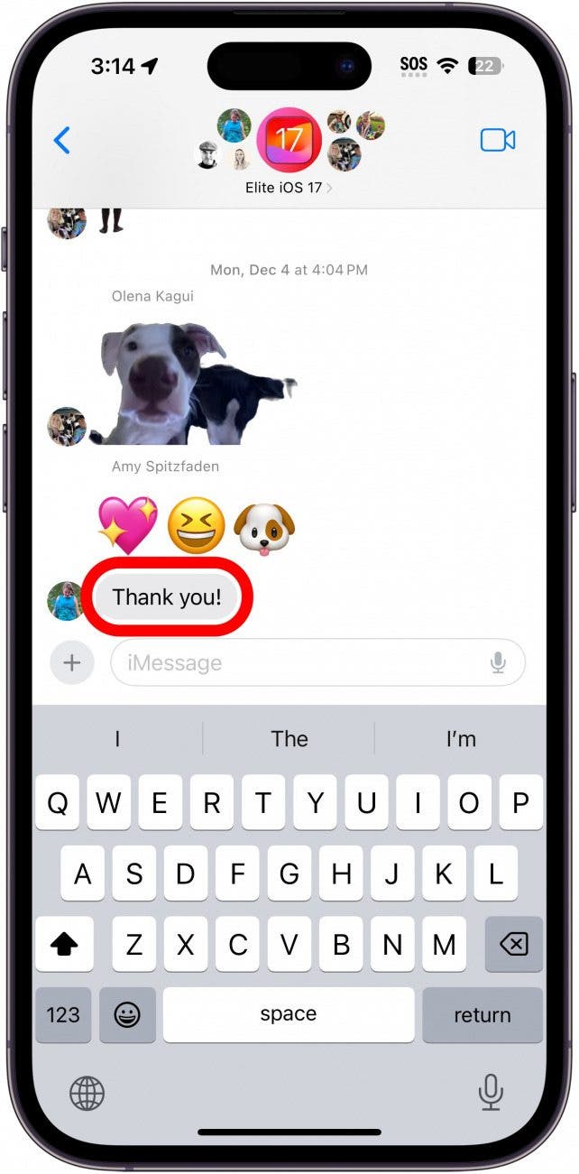 conversation par message iPhone avec un cercle rouge autour du message indiquant qu'il faut appuyer longuement