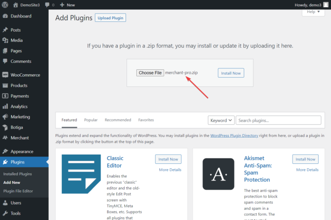 installation du plugin Merchant Pro dans woocommerce