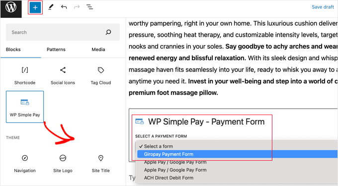 Ajout d'un bloc WP Simple Pay à une publication ou une page existante Ajout d'un bloc WP Simple Pay à une publication ou une page existante