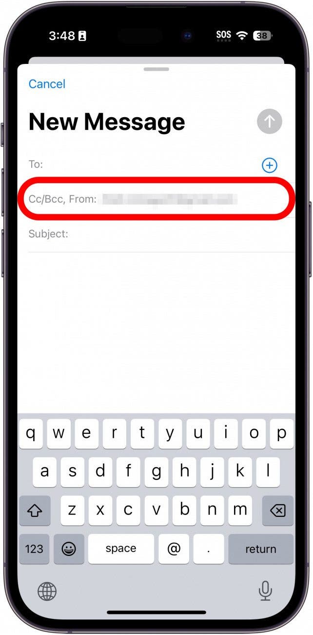 application de messagerie iphone avec champ cc/bcc/to entouré en rouge