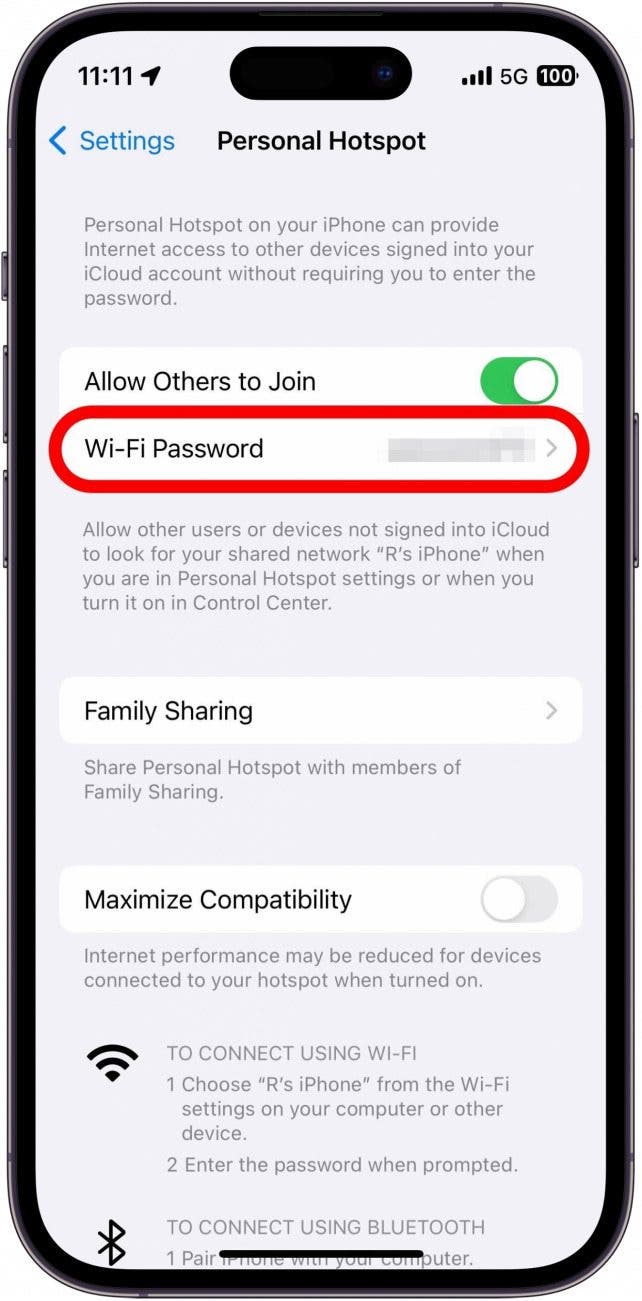 paramètres du hotspot iphone avec mot de passe entouré en rouge