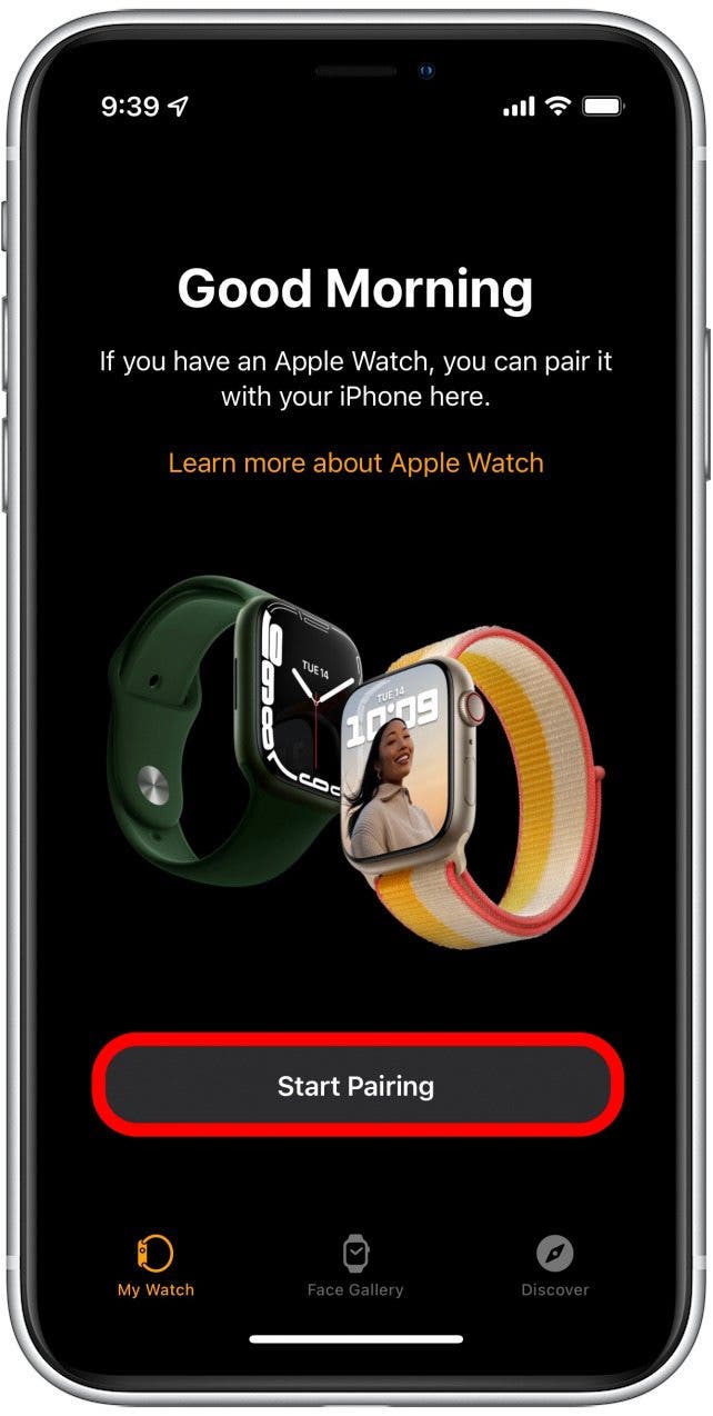 Sur l’écran de démarrage de l’application Watch, appuyez sur Démarrer le couplage.
