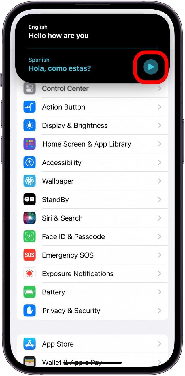 paramètres de l'iPhone avec une fenêtre contextuelle de traduction ouverte dans l'îlot dynamique affichant le texte anglais,