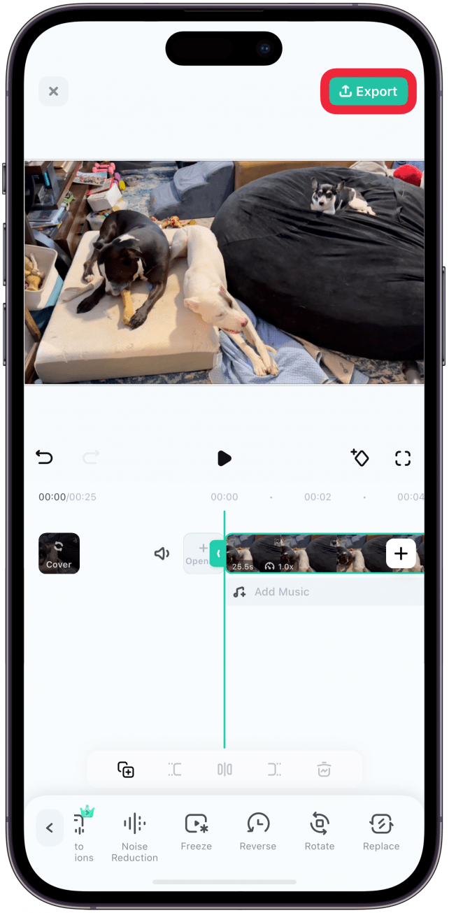 Vous pouvez maintenant apporter d'autres modifications si vous le souhaitez. Pour enregistrer la vidéo inversée sur votre iPhone, appuyez sur Exporter.