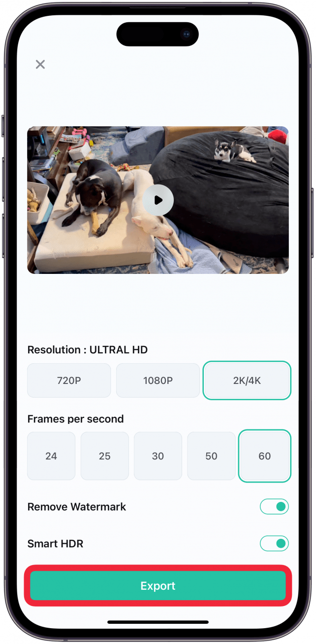 Sélectionnez une résolution et des images par seconde, activez Supprimer le filigrane et Smart HDR pour de meilleurs résultats, puis appuyez sur Exporter.