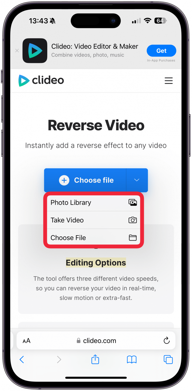 Sélectionnez Photothèque, Prendre une vidéo ou Choisir un fichier, en fonction de vos besoins.