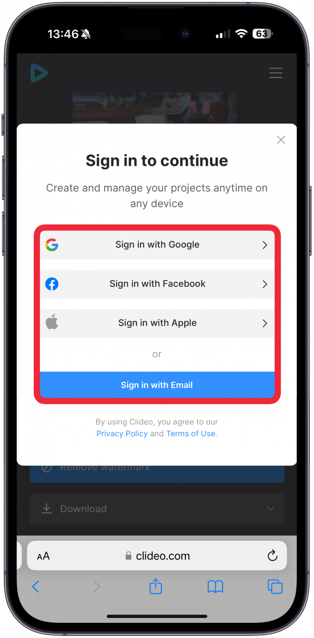 Vous pouvez maintenant visionner la vidéo inversée et appuyer sur Télécharger. Si vous appuyez sur Supprimer le filigrane, vous serez invité à créer un compte payant.