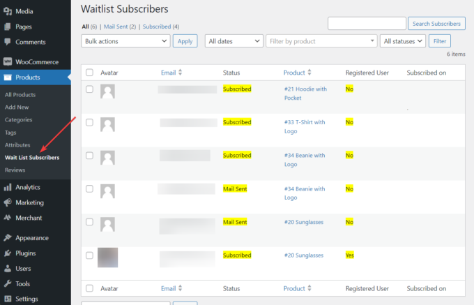 Liste des abonnés à la liste d'attente dans la zone d'administration WordPress