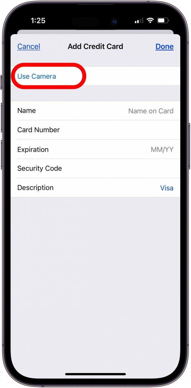 appuyez sur utiliser l'appareil photo pour mettre à jour la carte de crédit sur iPhone ou iPad appuyez sur utiliser l'appareil photo pour mettre à jour la carte de crédit sur iPhone ou iPad