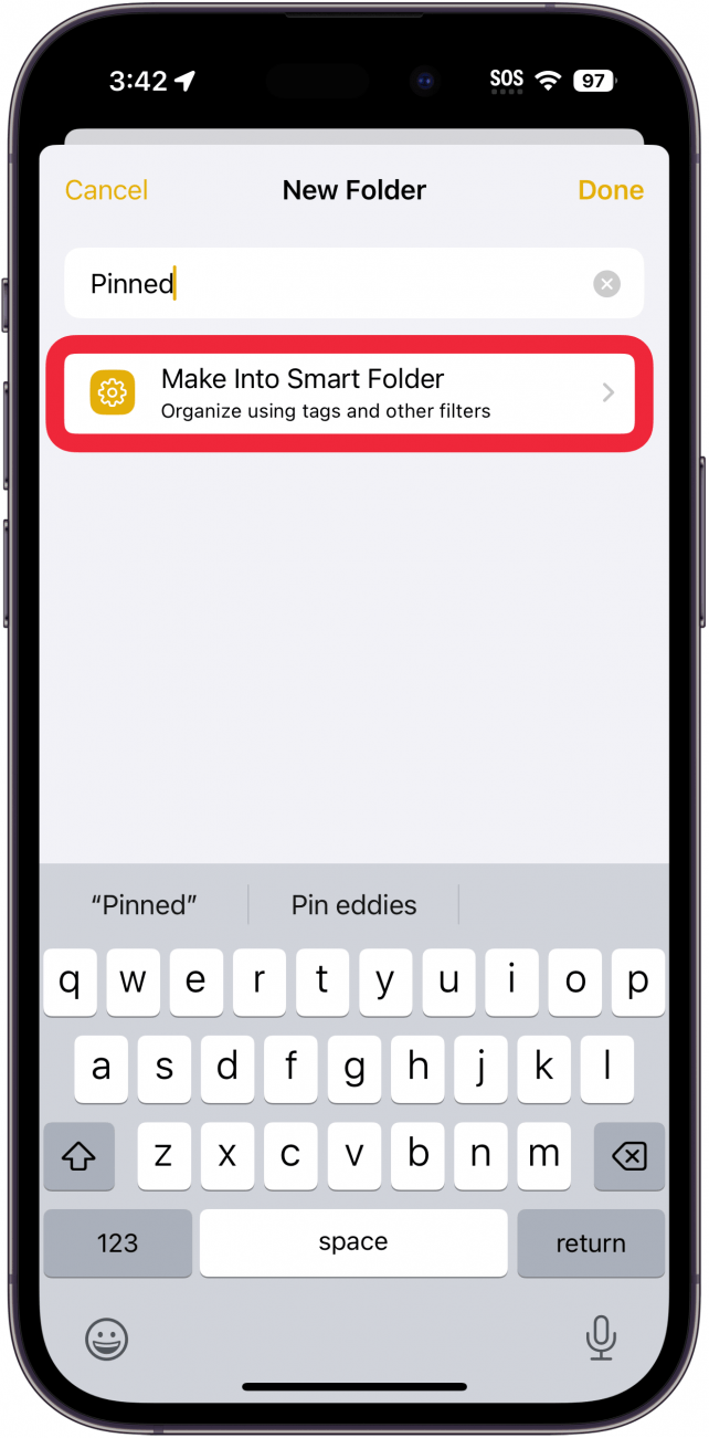 l'iPhone note un nouvel écran de dossier avec un cadre rouge autour du bouton Créer un dossier intelligent