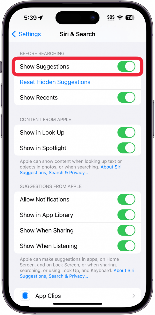 iPhone Siri et paramètres de recherche avec une case rouge autour bascule en dessous avant la recherche
