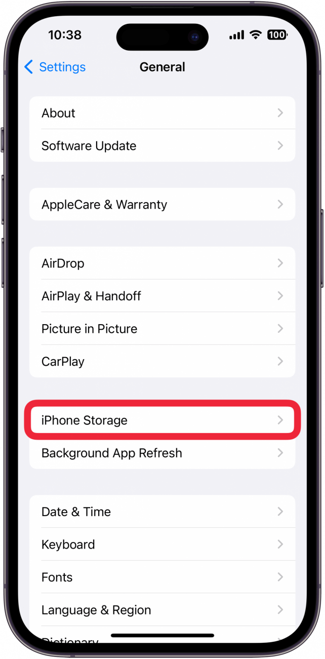 paramètres de l'iPhone avec un cadre rouge autour du stockage de l'iPhone