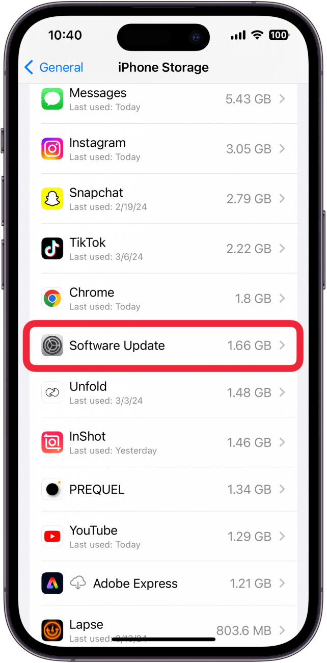 paramètres de stockage de l'iPhone avec un cadre rouge autour de la mise à jour du logiciel