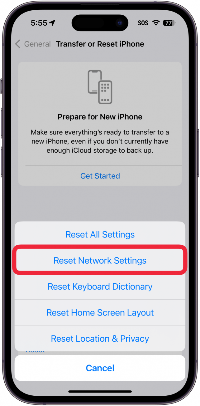 écran de réinitialisation de l'iPhone avec un cadre rouge autour de la réinitialisation des paramètres réseau
