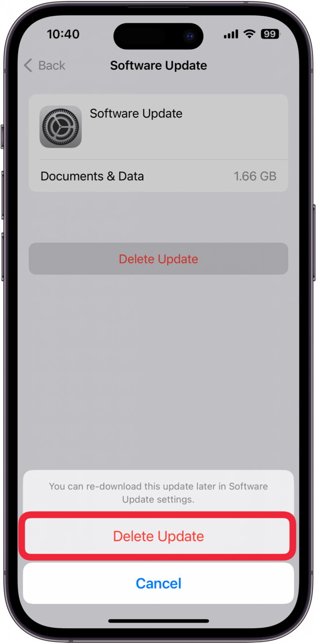 écran de gestion du stockage iphone pour une mise à jour logicielle avec bouton de suppression de mise à jour entouré en rouge