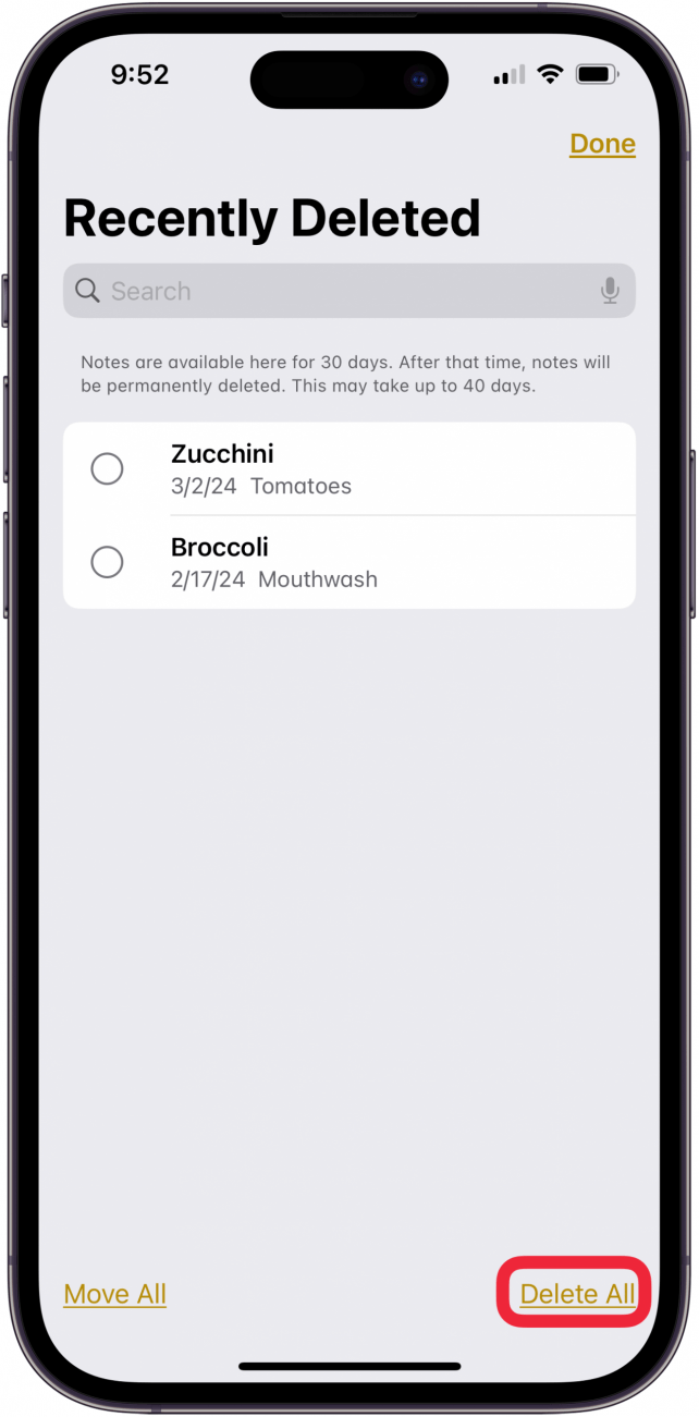 appuyez sur Supprimer tout pour effacer la corbeille dans les notes
