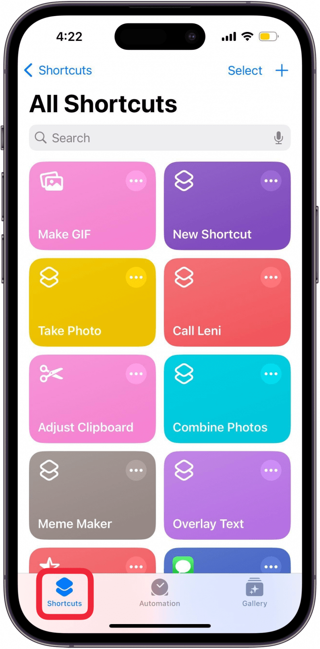 appuyez sur l'onglet raccourcis dans l'application de raccourcis