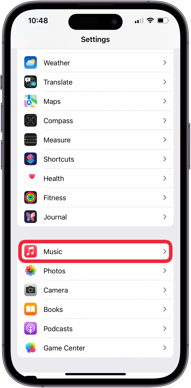 appuyez sur la musique dans les paramètres de l'iPhone