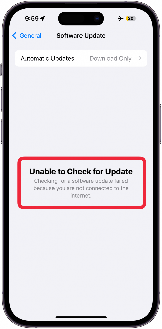 Écran de mise à jour du logiciel iPhone avec un message d'erreur, impossible de vérifier la mise à jour. la recherche d'une mise à jour logicielle a échoué car vous n'êtes pas connecté à Internet.