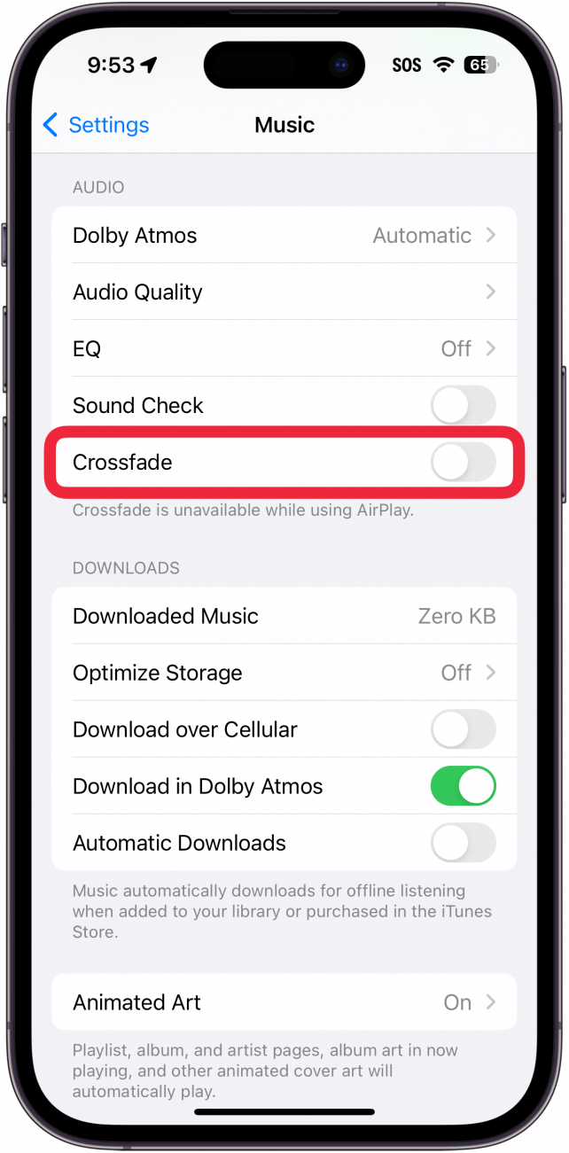 Paramètres de musique de l'iPhone avec un cadre rouge autour de la bascule de fondu enchaîné