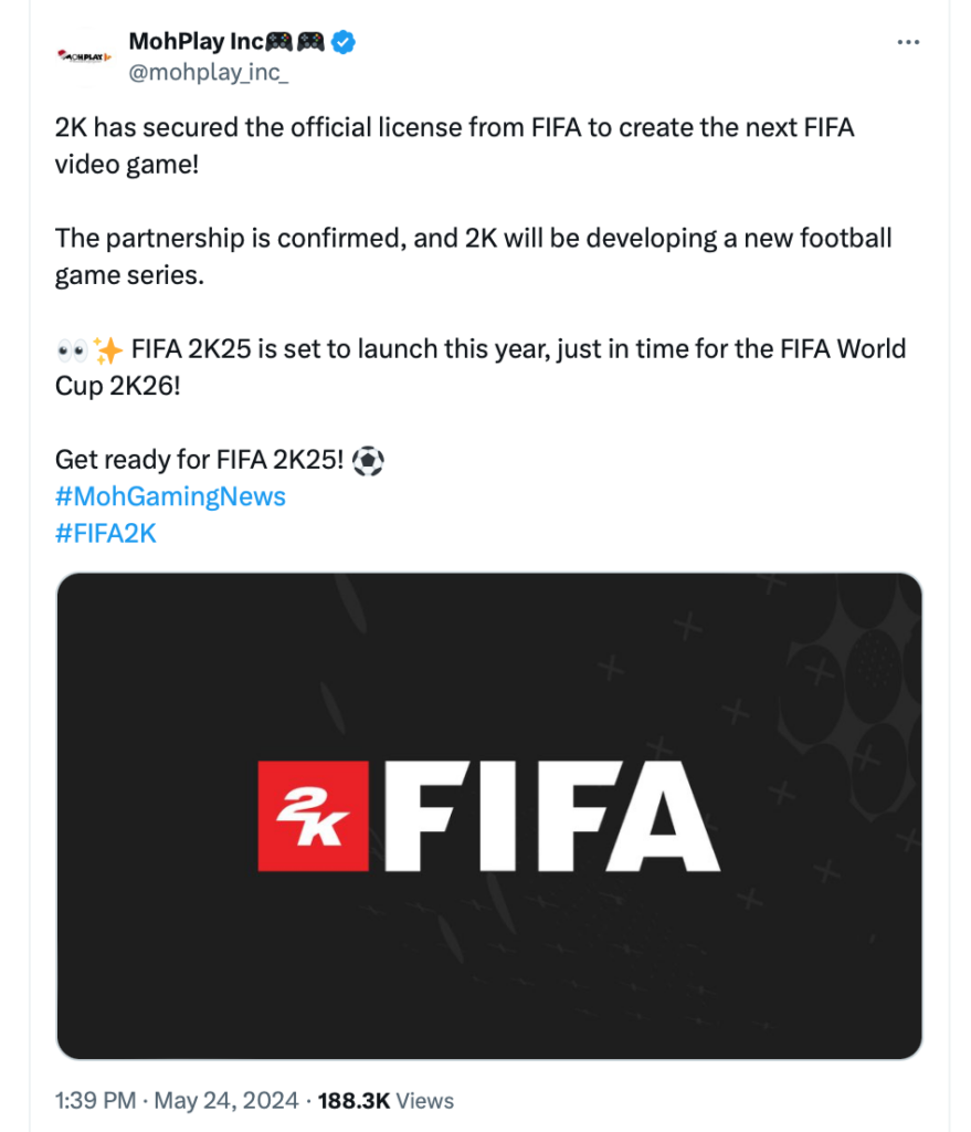La FIFA tweete la rumeur des jeux 2K
