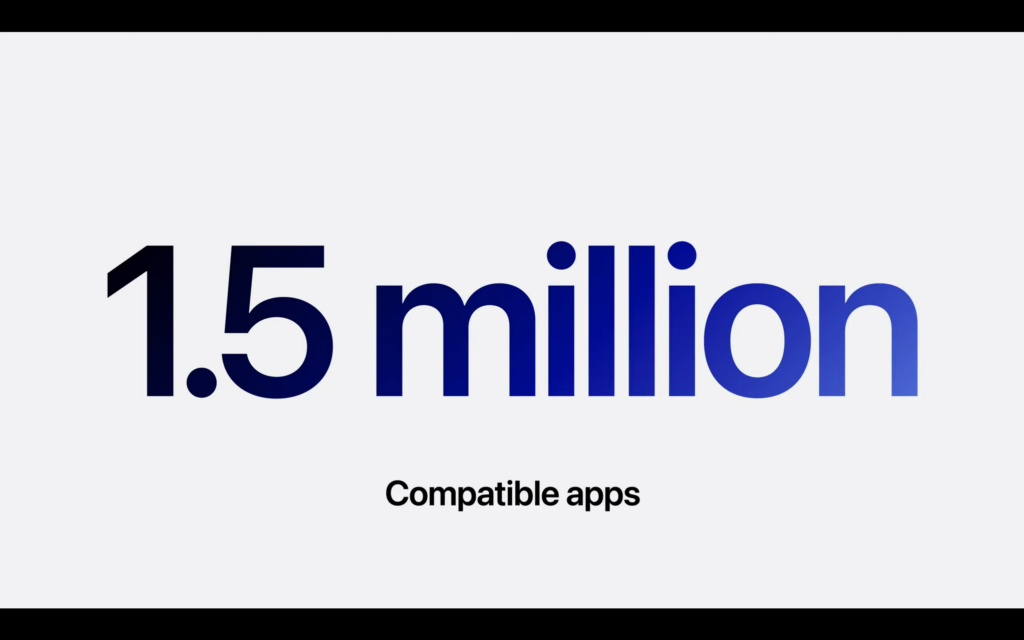 Capture d'écran de la WWDC24 indiquant 1,5 million d'applications compatibles, par rapport à Vision Pro