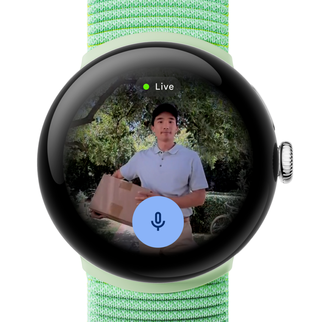 Google Pixel Watch 3 montrant le flux Nest Doorbell