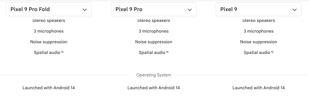 Comparaison des spécifications du Pixel 9 Android 14