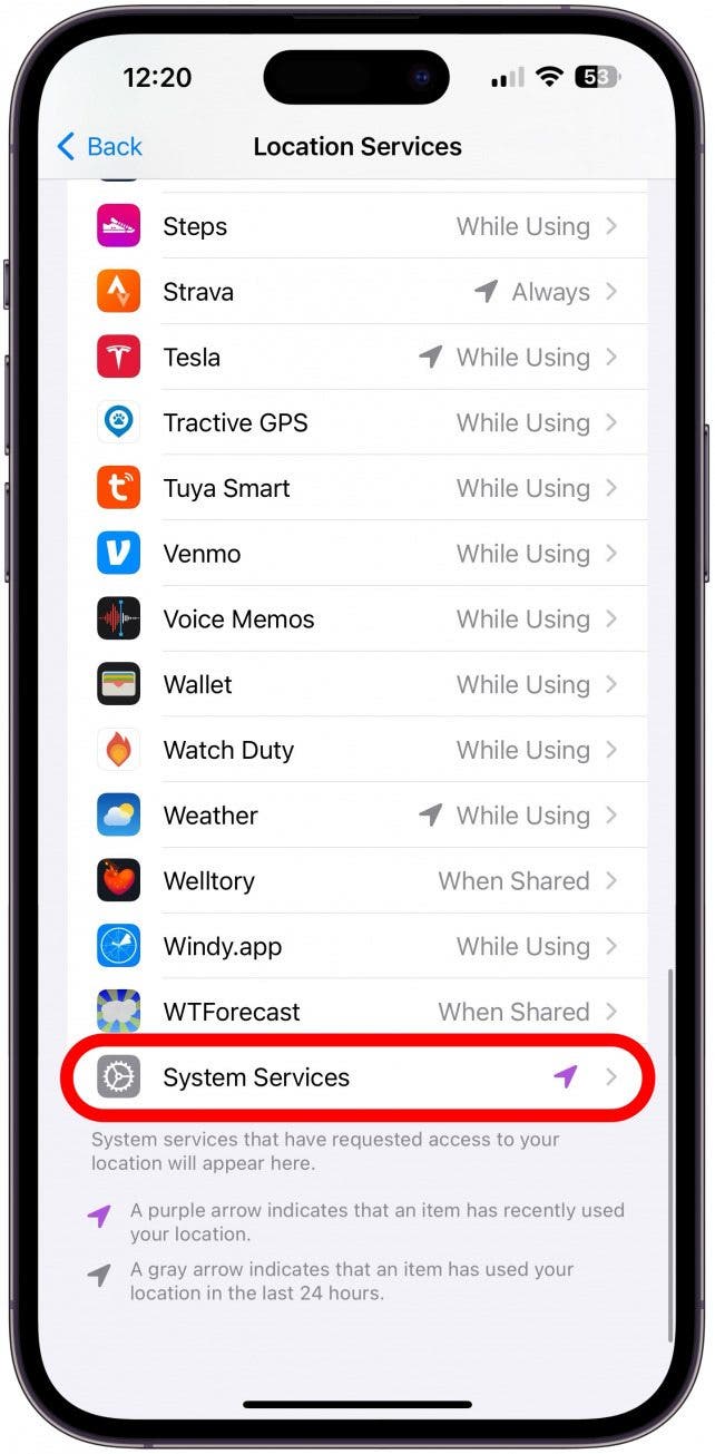 Faites défiler vers le bas et appuyez sur Services système.