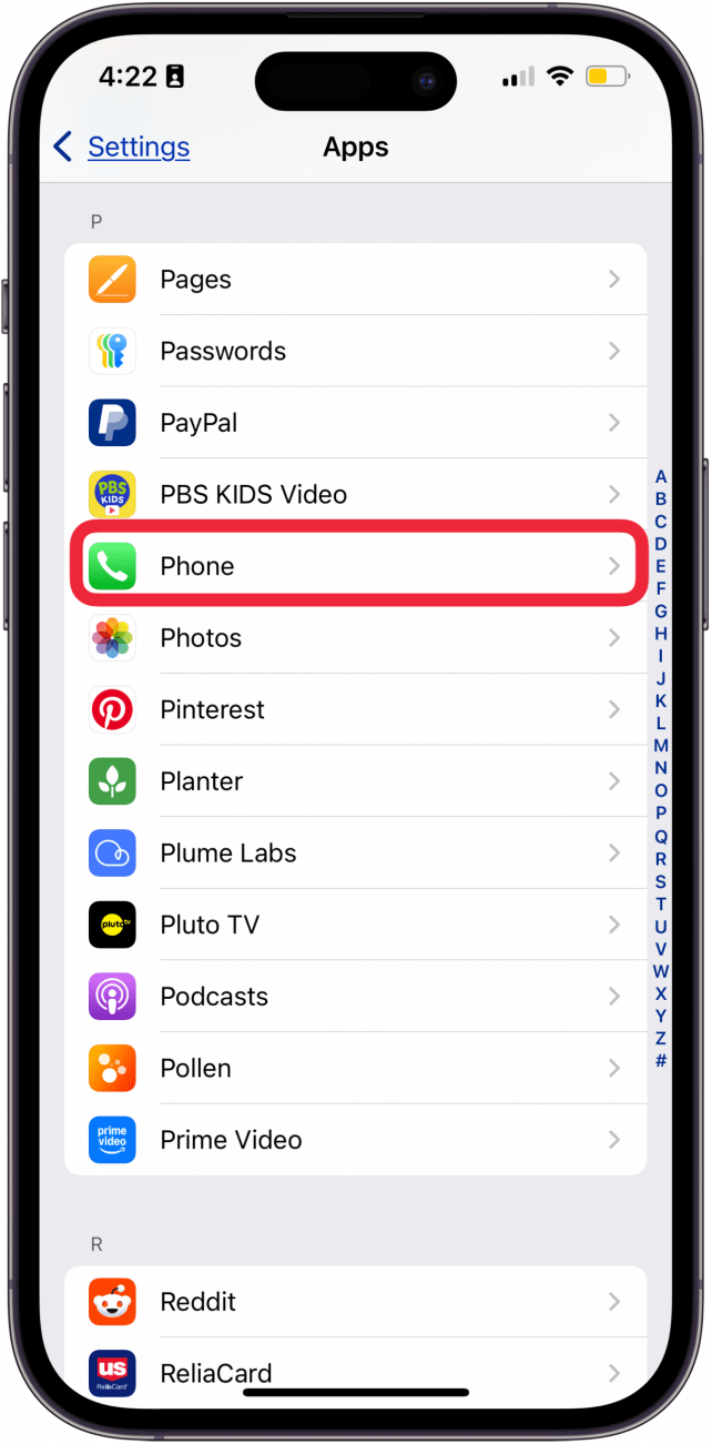 appuyez sur le téléphone dans les paramètres des applications iPhone